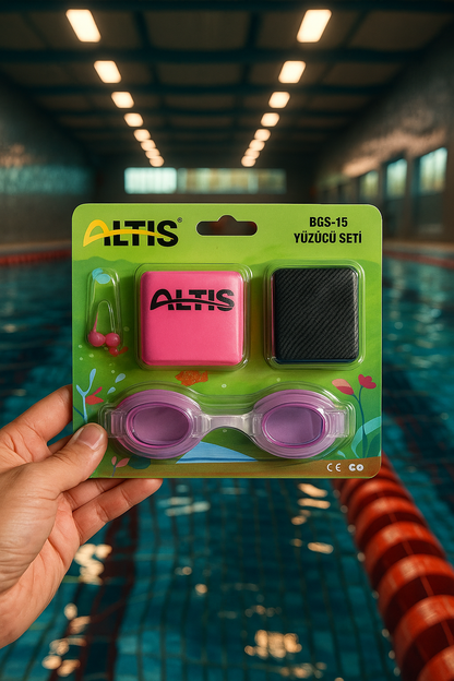 🏊‍♂️ ALTIS Yüzme Seti – Bone + Gözlük + Burun Tıkaç + File Çanta