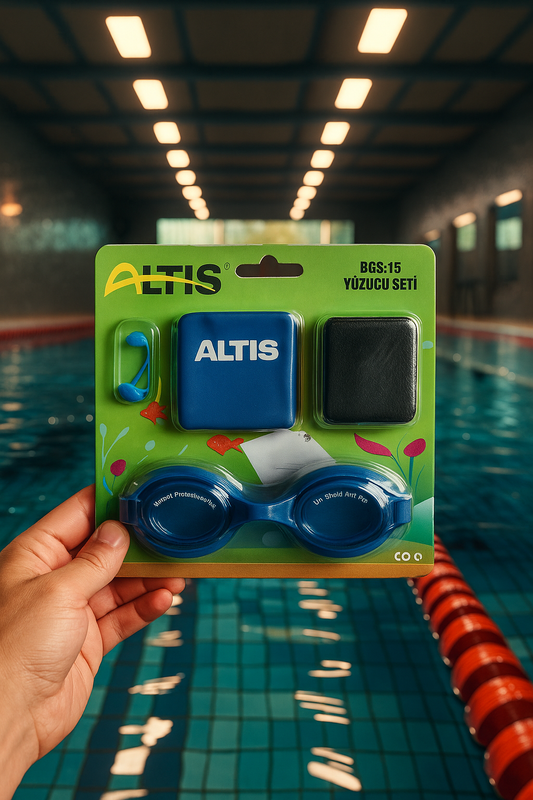 🏊‍♂️ ALTIS Yüzme Seti – Bone + Gözlük + Burun Tıkaç + File Çanta