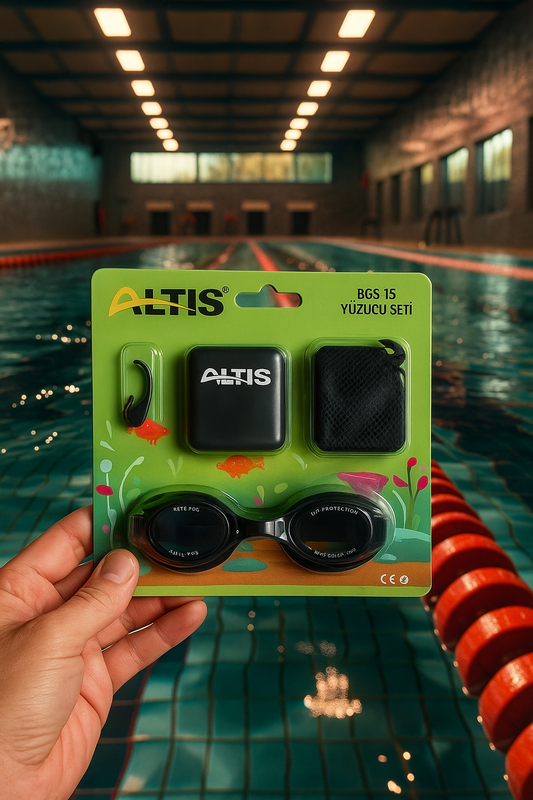 🏊‍♂️ ALTIS Yüzme Seti – Bone + Gözlük + Burun Tıkaç + File Çanta